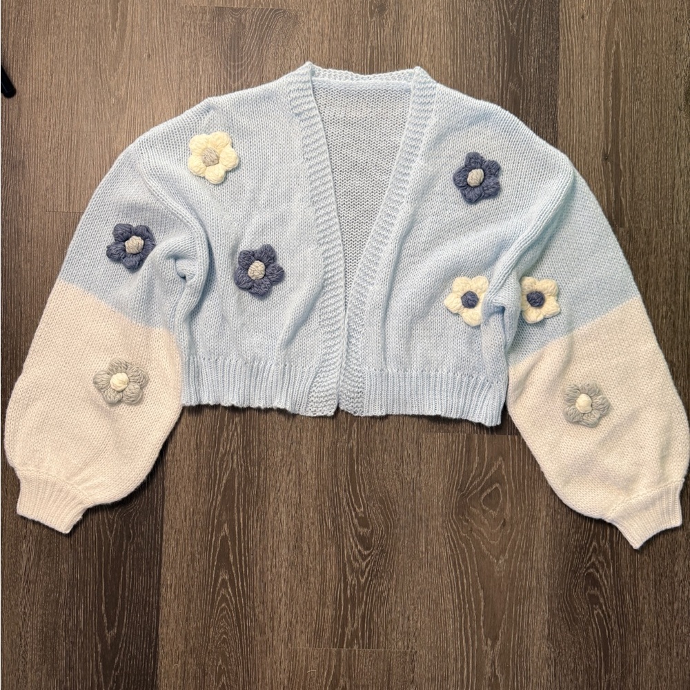 Source Unknown Floral Knit Cardigan - Light Blue and Cream